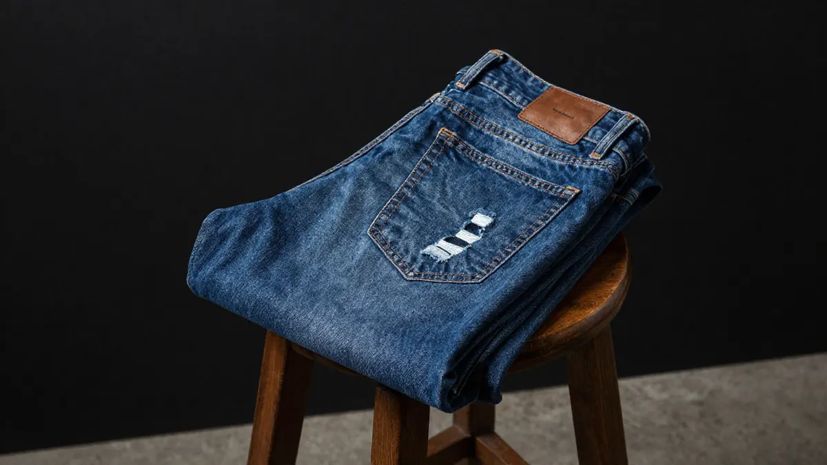 Dark blue distressed denim jeans folded on a wooden stool, showing cut and fabric wear for a Dsquared2 jeans guide