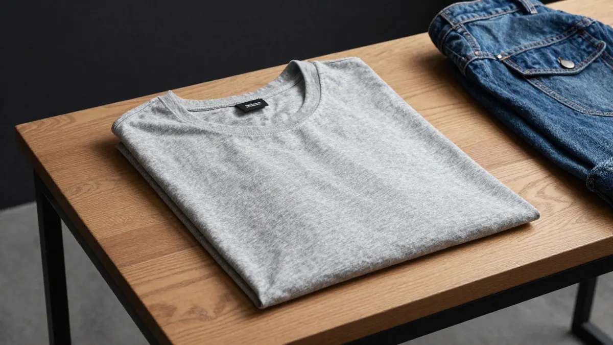 Plain heather grey cotton tee with relaxed fit folded on a wooden table, showing fit and fabric of a Stussy basic tee