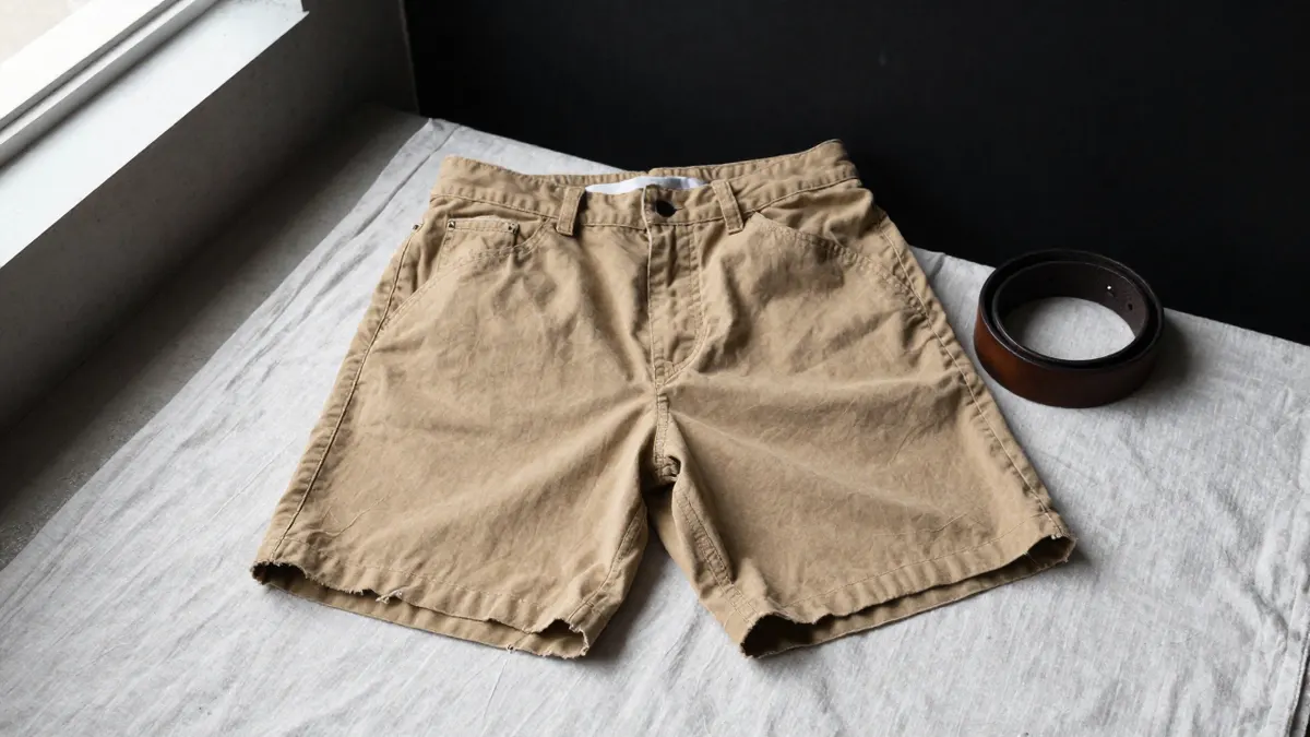 Faded khaki cotton shorts with frayed hem folded on linen, a second-hand Burberry shorts buying guide
