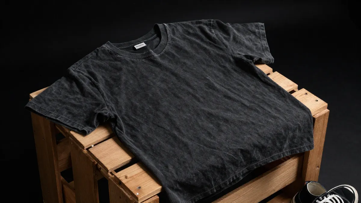 Faded black cotton t shirt folded on a wooden crate, the washed look of an old Stussy 8 ball t shirt