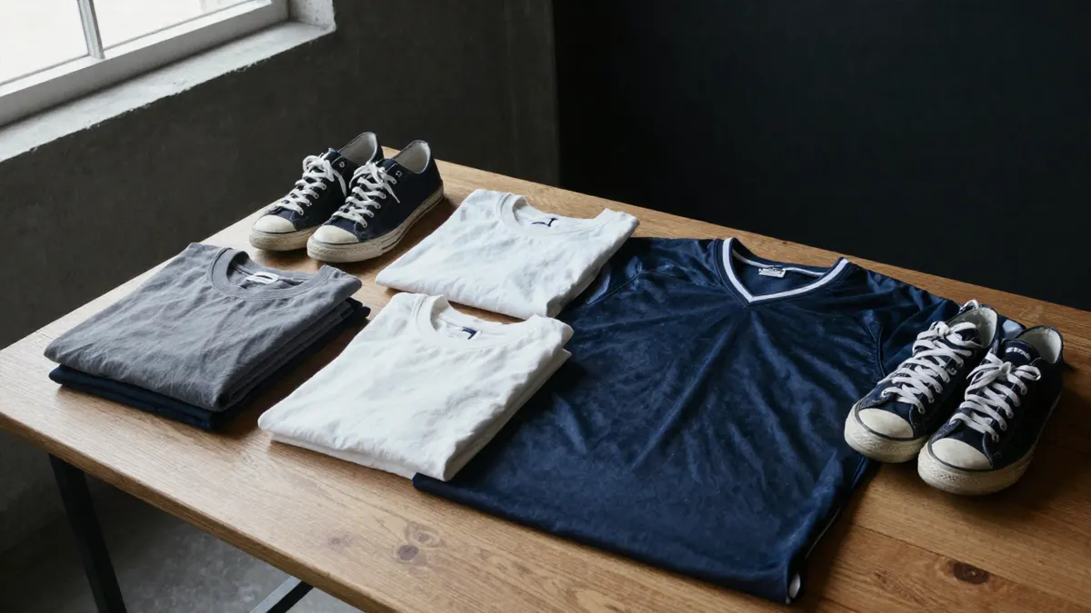 Folded second-hand streetwear tees, worn sneakers and a vintage football shirt on a wooden table in soft daylight