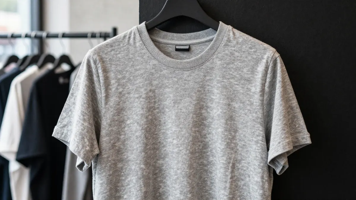 Grey cotton tee with slightly stretched collar held up in a bright second-hand shop, checking a Stussy tee before buying