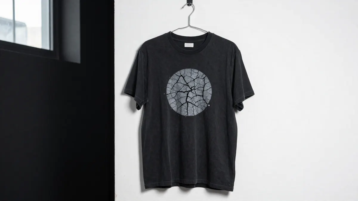 Faded black cotton tee with cracked circular chest print on a metal hook, wear to check on a Stussy 8 Ball tee