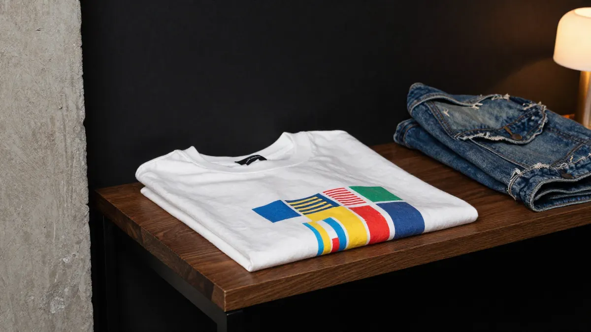 Folded white cotton tee with colourful block graphics on a wooden shelf, a second-hand Bape tee to check before buying